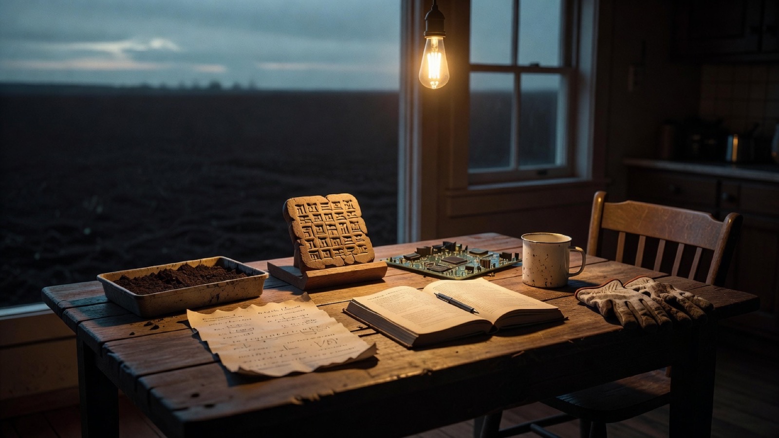 A farmhouse table before dawn: a soil tray, a cuneiform tablet, a circuit board, an open book and a pair of work gloves, under a single bulb.